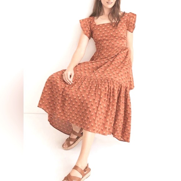Madewell M Rust Ruffle Strap Tiered Floral Midi Dress Wild Calendula Block Print - Picture 7 of 10